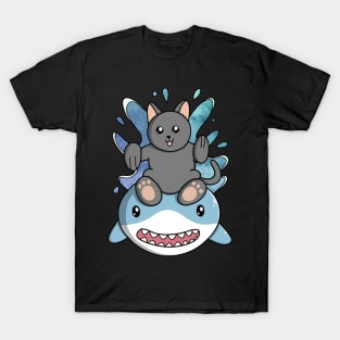 Cat Rides Swimming Shark T-Shirt